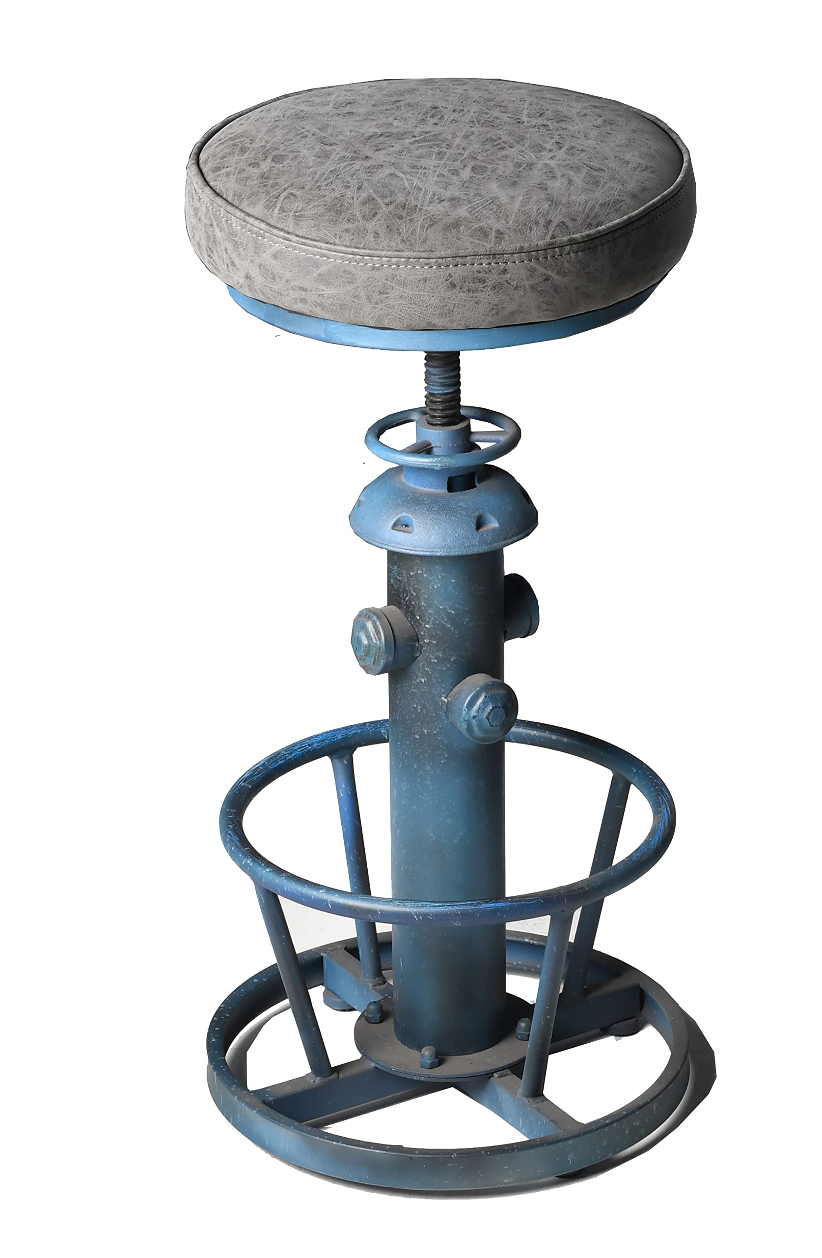Taburete de bar de cocina con fondo redondo industrial americano, altura ajustable, estilo retro, vintage, elegante, tubería de agua, diseño de pub (azul antiguo, parte superior de piel 4