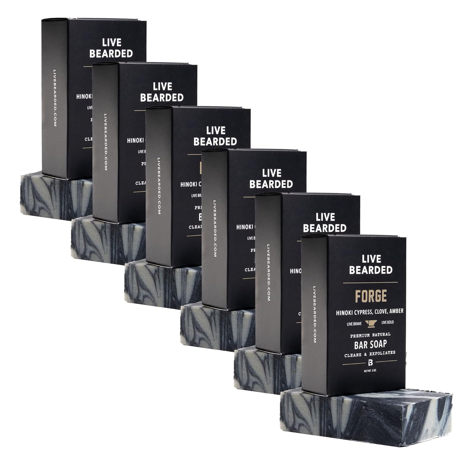 Live Bearded All-Natural Bar Soap for Men, 6-Pack of 5 oz - Made in the USA - Exfoliates and Moisturizes - Charcoal, Pumice, Shea Butter | Forge Scent - Hinoki Cypress, Clove, Amber