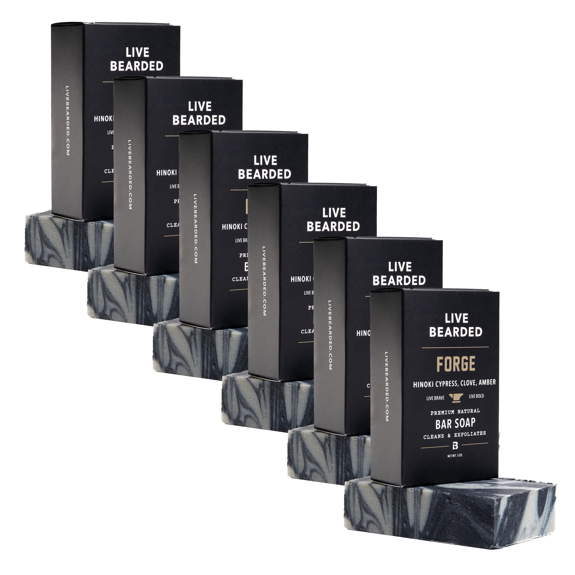 Live Bearded All-Natural Bar Soap for Men, 6-Pack of 5 oz - Made in the USA - Exfoliates and Moisturizes - Charcoal, Pumice, Shea Butter | Forge Scent