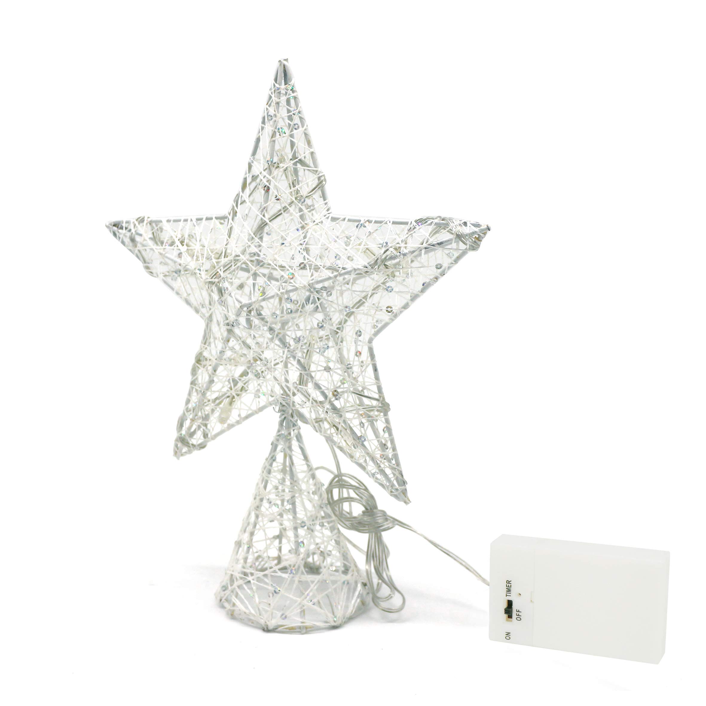 CVHOMEDECO. White Tree Top Star with Warm White LED Light and Timer for Christmas Tree Topper Ornament and Holiday Seasonal Decor, 8 x 10 Inch