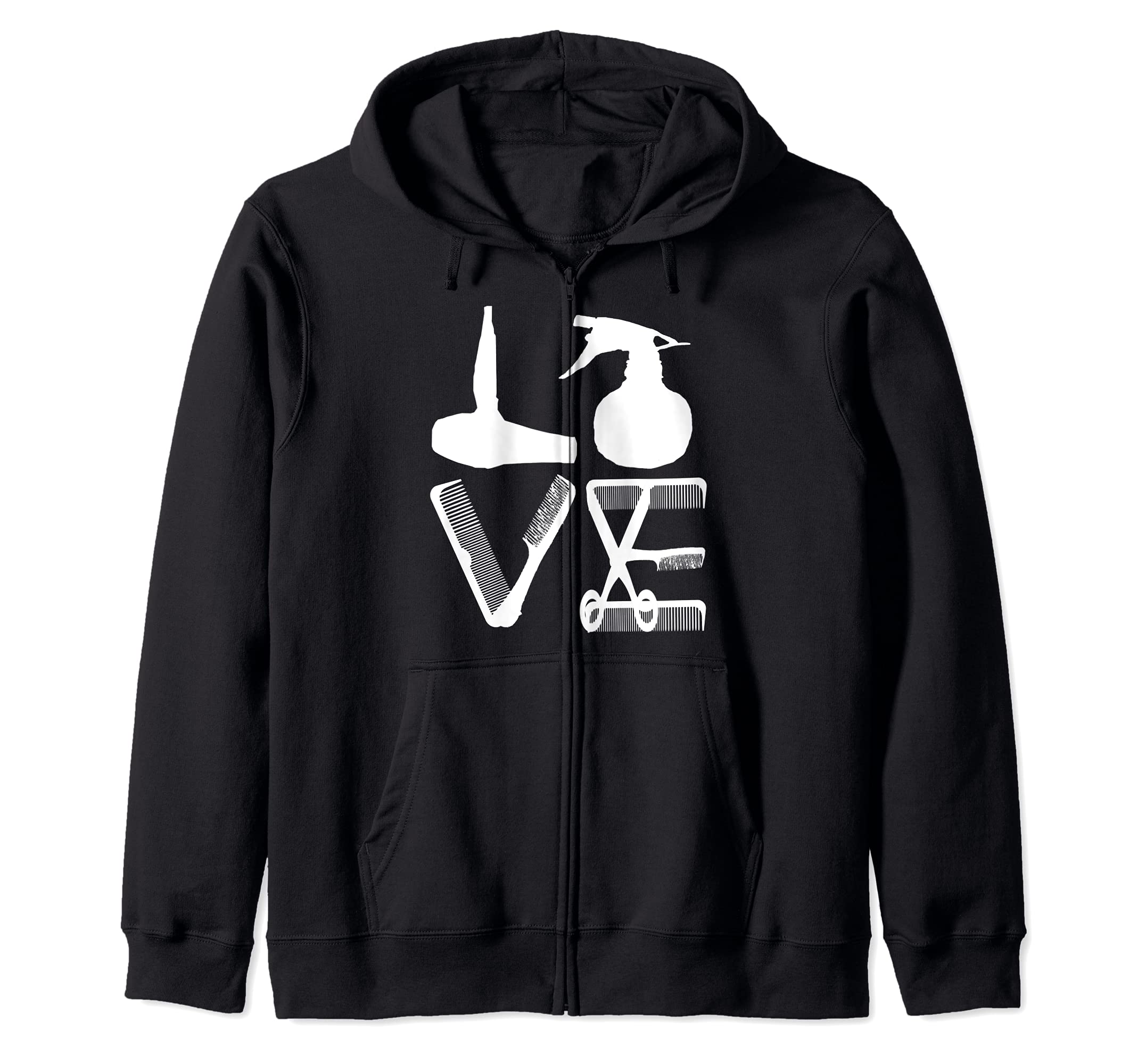 Hairdresser Love Hairdryer Scissors Barber Hair Brush Zip Hoodie, Black