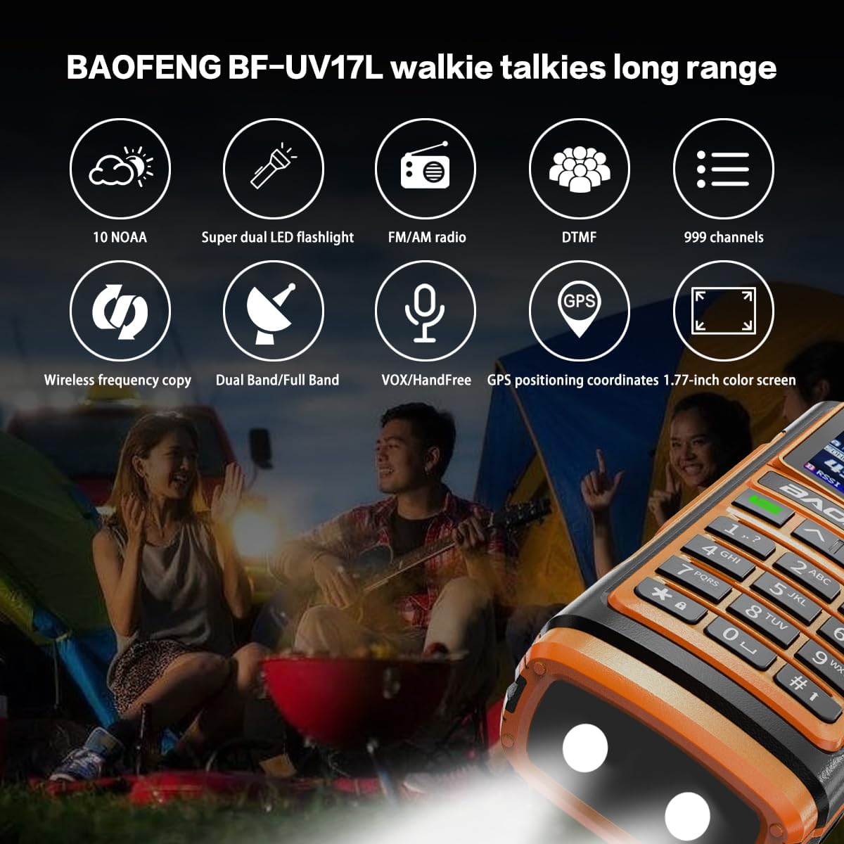 Infographic highlighting key features of the BAOFENG UV-17L radio