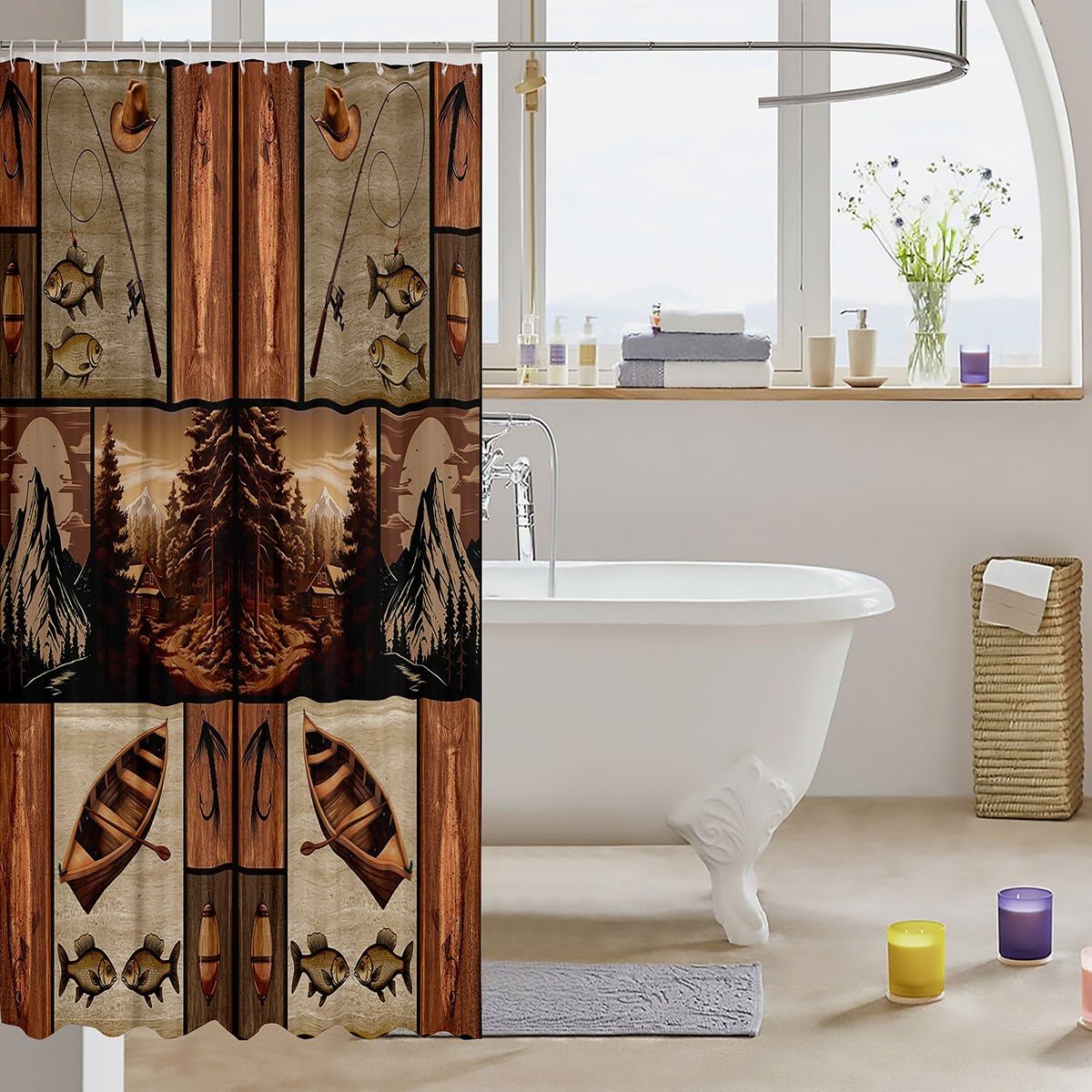 Feelyou Fish Shower Curtain for Kids Smoky Mountain Bathroom Shower Curtain Set Fish Hook Fishing Theme Bath Curtain Decor Sea Animal Farmhouse Brown Kids Bathroom Accessories 72"x84"