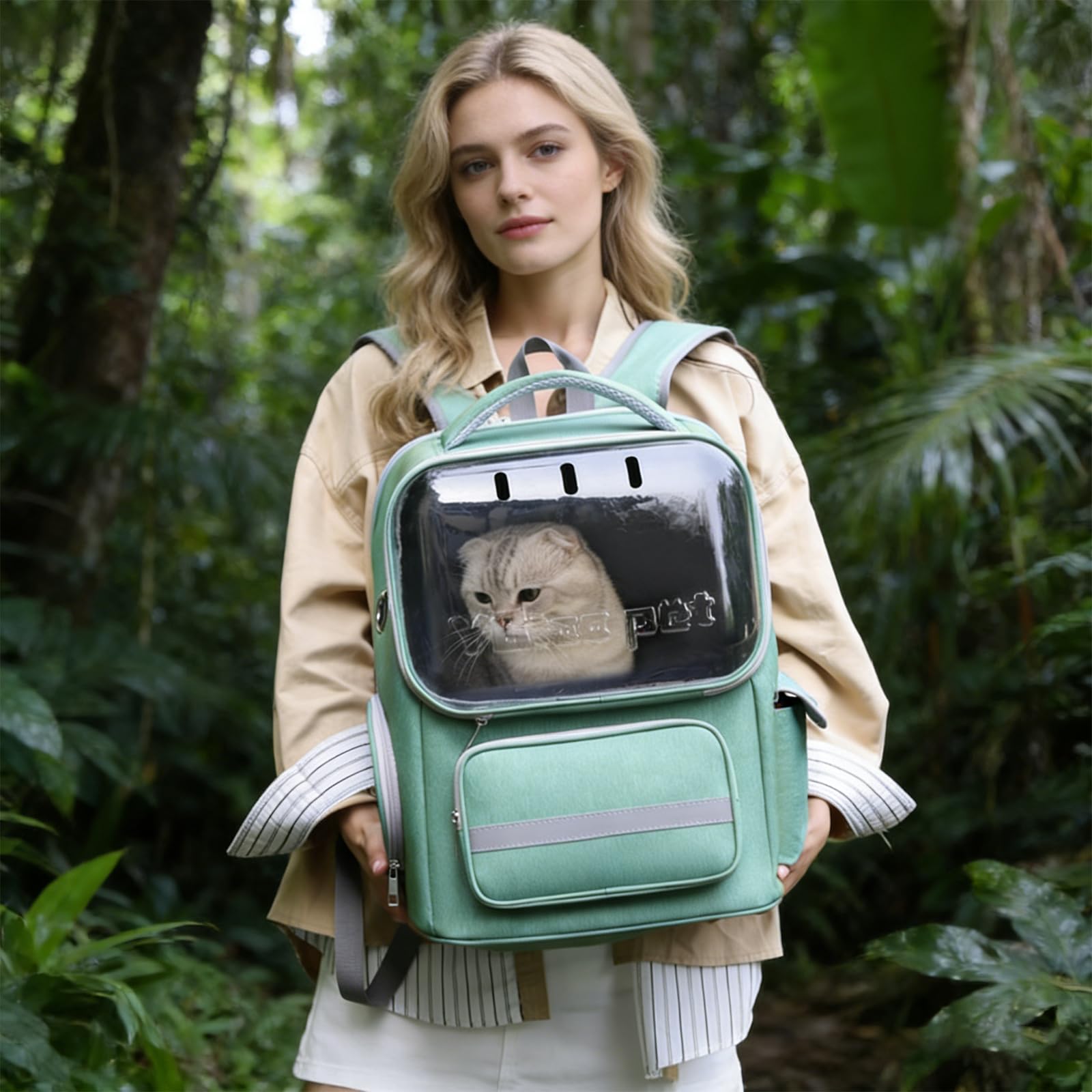 PETCUTE Sac à Dos de Transport pour Chat, Sac à Dos Respirant pour Petits Chats et Chiens avec Tapis Amovible, Réfléchissant,Sacs de Transport pour Chat avec Sangle de Sécurité Intérieure,Vert