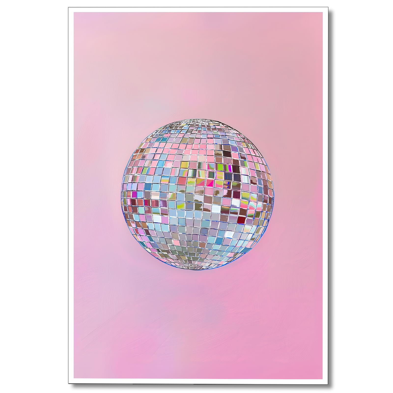 Trendy Soft Pink Disco Ball Canvas Wall Art Funky Girl Silver Mirrorball Textured Poster Maximalist Preppy Print Vintage 70s Bar Cart Dopamine Wall