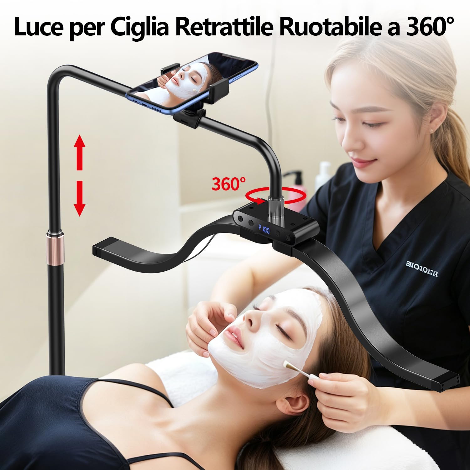 yAyusi Lampada per Ciglia da Terra a Nuvole con Supporto Telefono, Pieghevole Retrattile Lampada per Extension Ciglia, Luce ad Anello di Bellezza a LED Dimmerabile per Cura della Pelle/Tatuaggi (Nero)