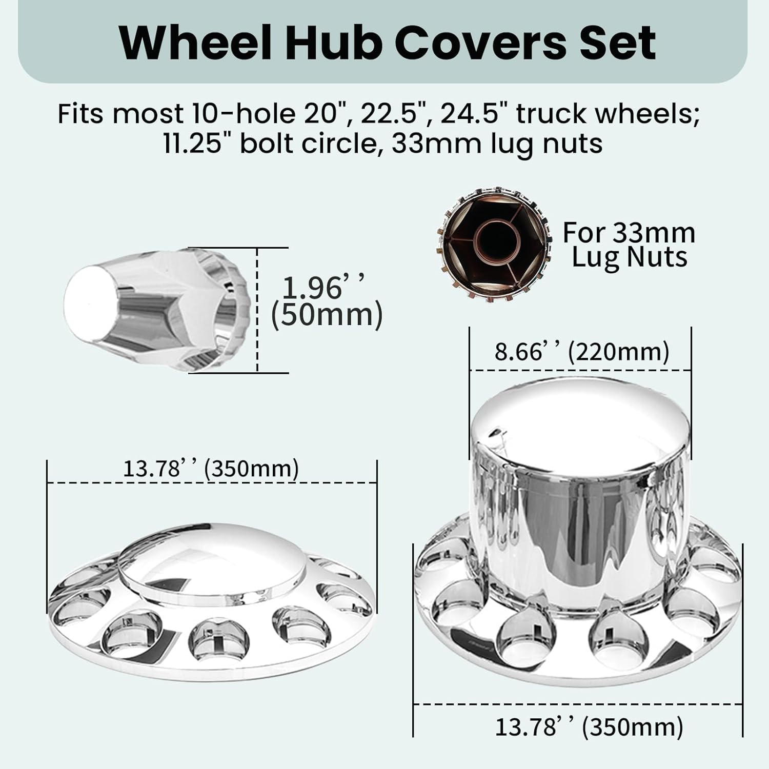 SEPEY 33 mm Standard Axle Cover Set Chrome Front and Rear Axle Complete Wheel Cover Set Removable Hub Caps Screw-on Lug Nut Covers for Semi Truck (2 Front + 4 Rear)