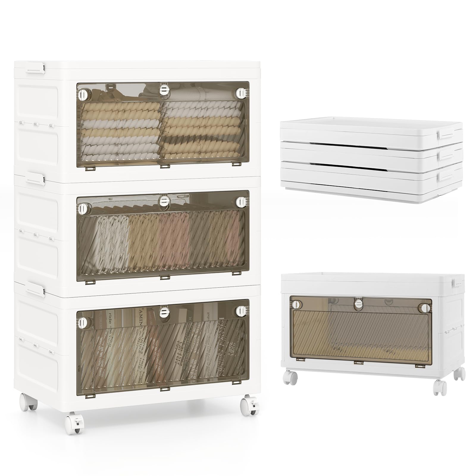 Stapelbare Aufbewahrungsbox mit 3 Ebenen, 42 l pro Ebene, seitliche Clip-Verriegelungen, transparenter abschließbarer Deckel und 2 transparente Türen, ideal für Schlafzimmer und Wohnzimmer