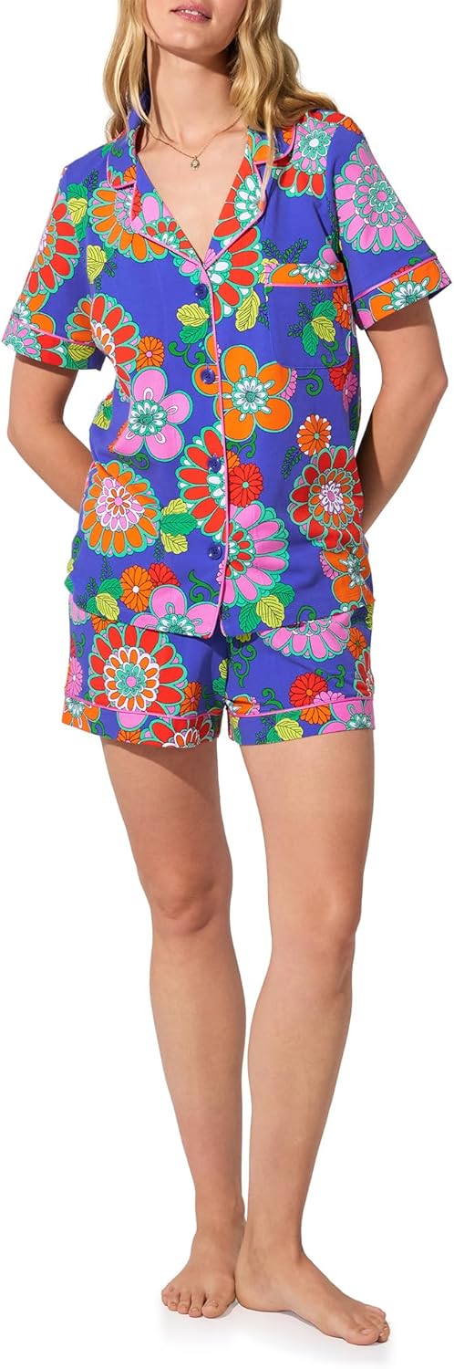 Trina Turk Womens Short Sleeve Notch Collar & Shorts Sleepwear Pajama Set, Organic Cotton
