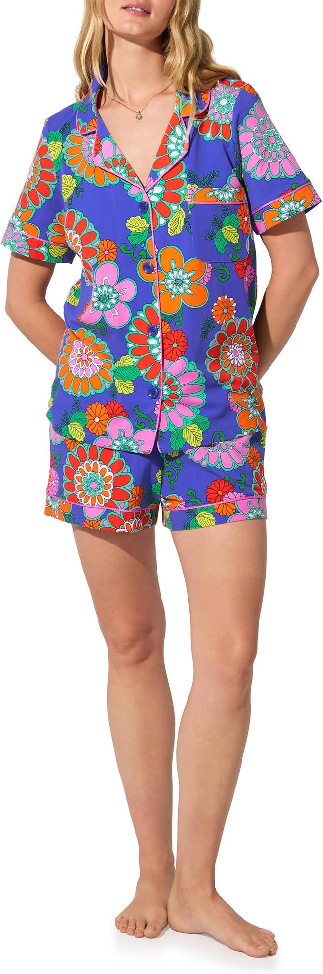 Trina Turk Womens Short Sleeve Notch Collar & Shorts Sleepwear Pajama Set, Organic Cotton
