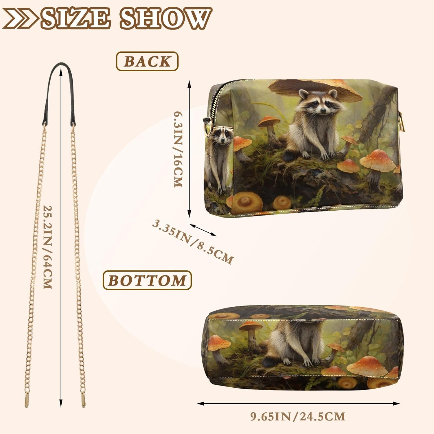 Mushroom Raccoon Women's PU Leather Crossbody Bag Shoulder Handbag Cellphone Purse with Metal Chain Strap Water Resistant Zipper Closure