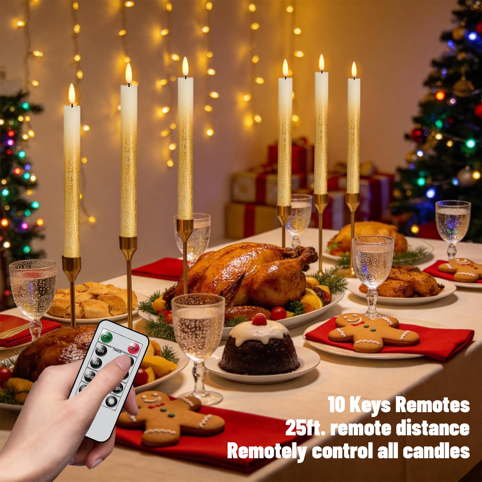 Set di 6 candele coniche senza fiamma, senza fiamma, funzionamento a batteria, con timer remoto, in vera cera, con stoppino 3D, in vera cera, decorazione per cene, matrimoni e vacanze (2 cm