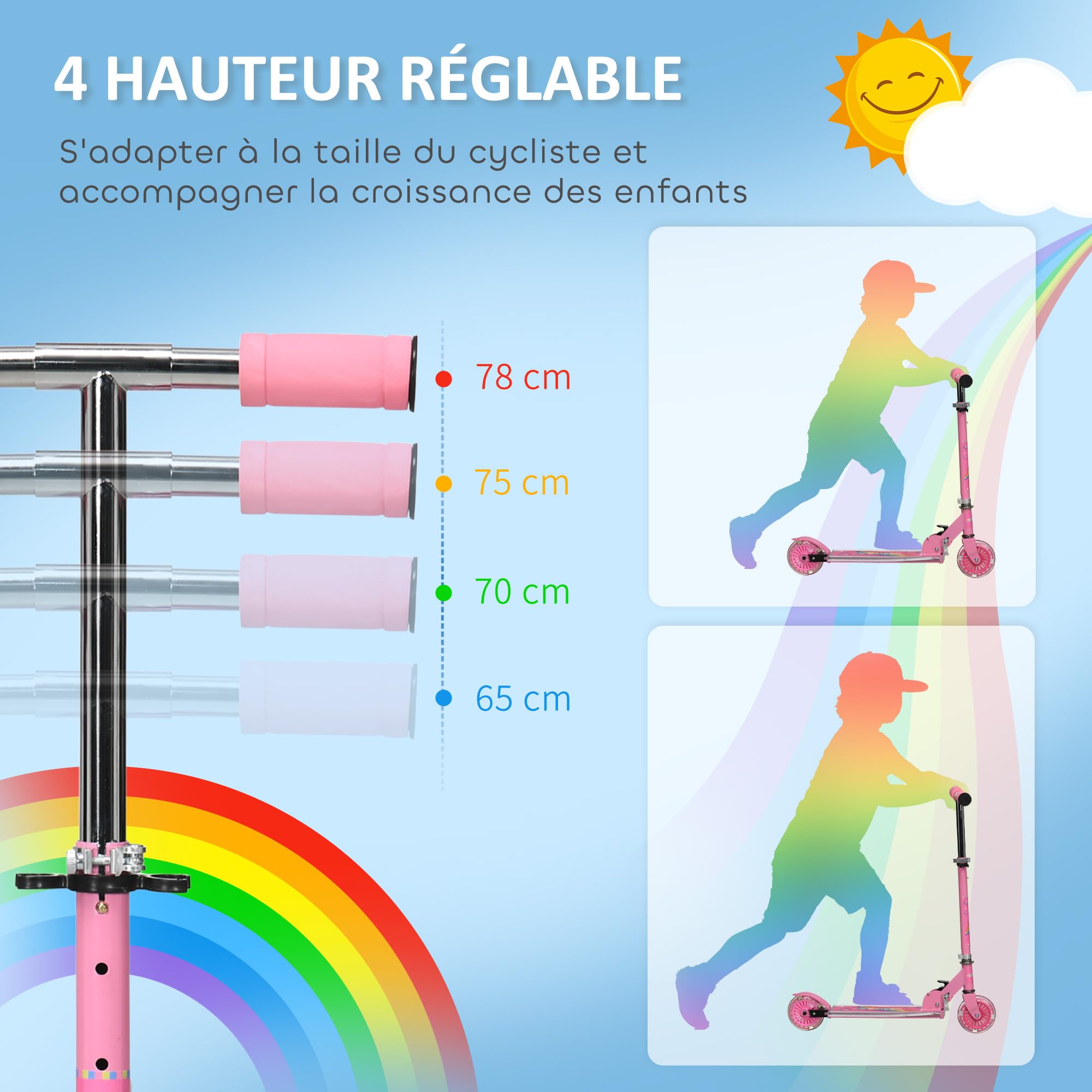 HOMCOM Trottinette pour Enfants de 3 à 7 Ans Pliable Roues Lumineuses en PU, 12 LED, Musique, Hauteur Guidon réglable sur 4 Niveaux, Frein à Friction