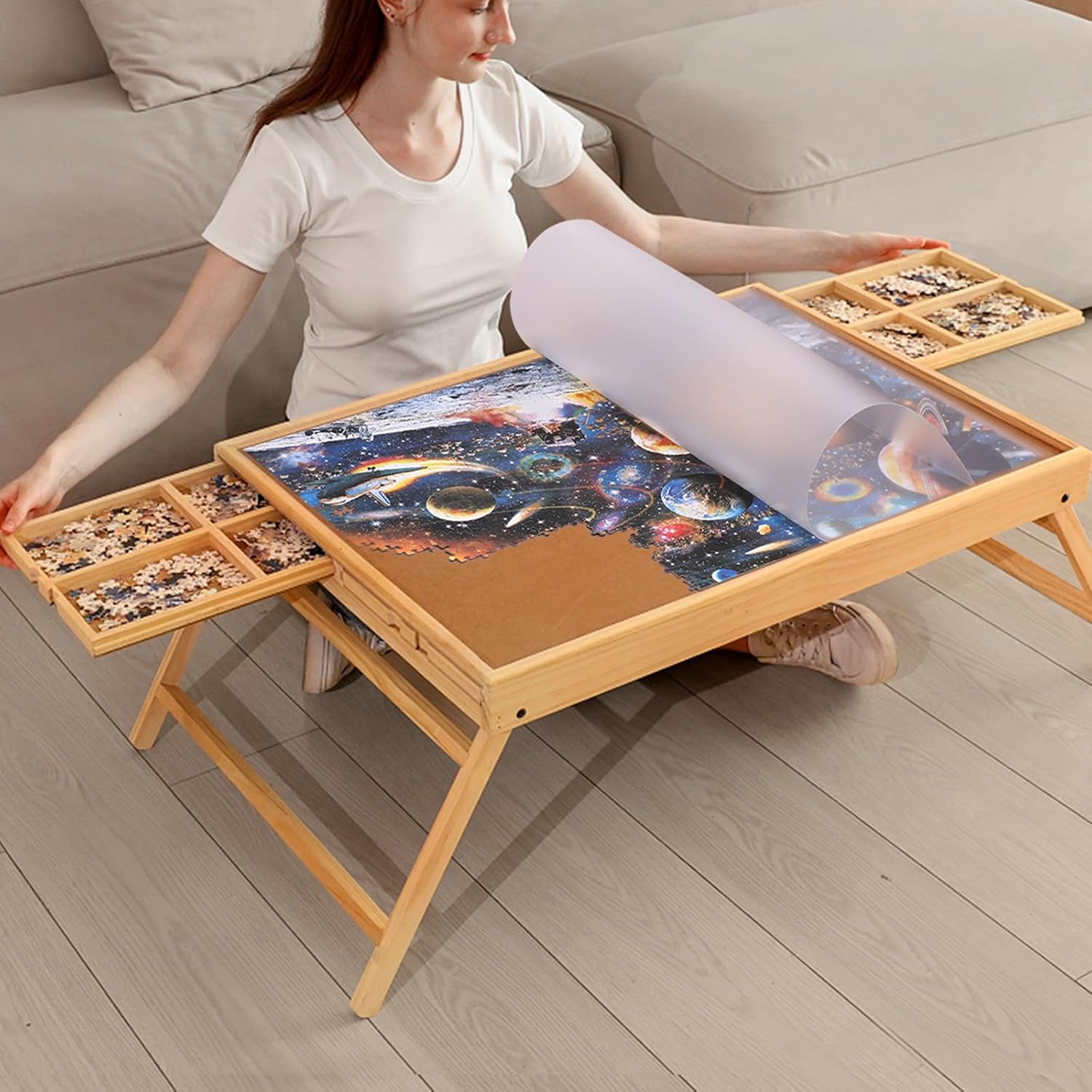 29.92"x22.04"Wooden Puzzle Table with Drawers Cover and Folding Legs,1000 Piece Jigsaw Puzzle Board,Gift for Loved Ones & Friends