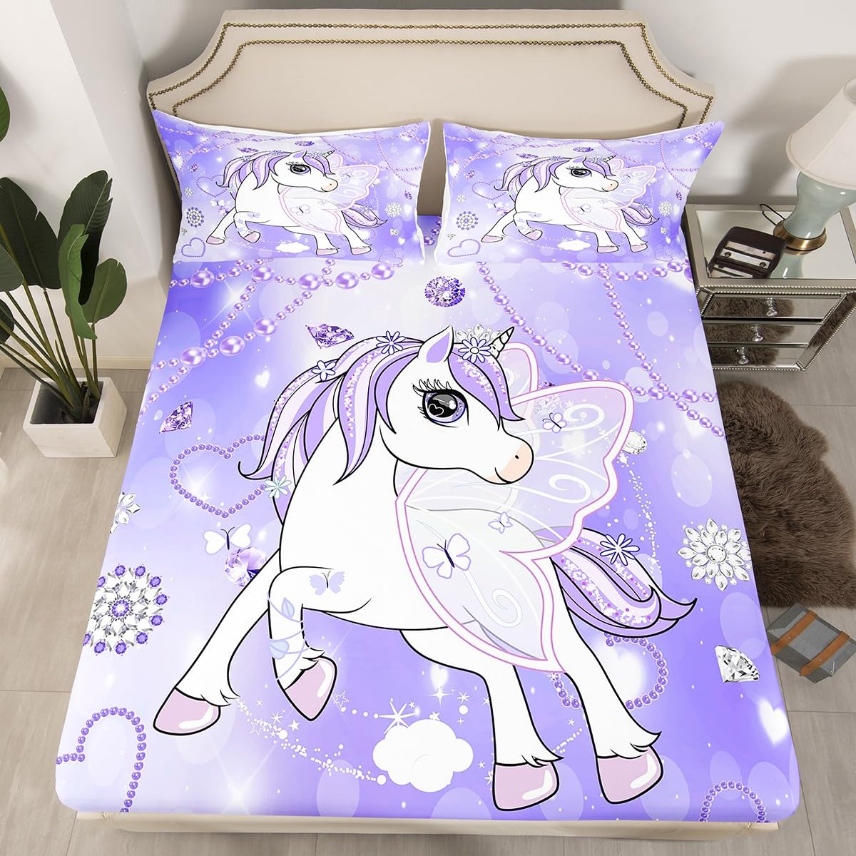 Juego de sábanas de unicornio tamaño King con 2 fundas de almohada, estampado floral, juego de sábanas de unicornio para niñas, juego de ropa de cama de unicornio morado oscuro para niños, niñas y