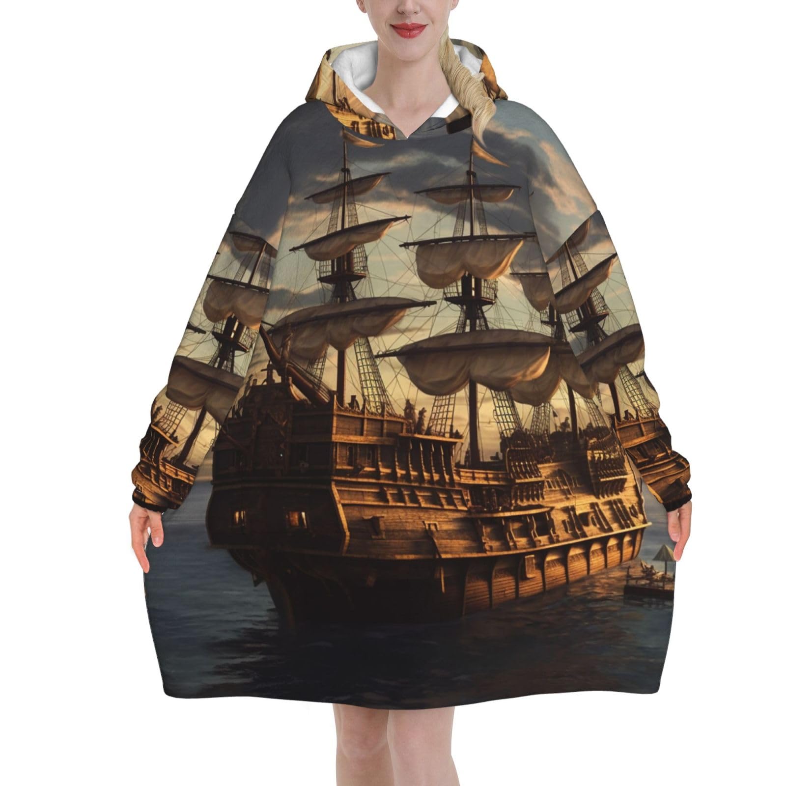 Wearable Blanket Hoodie Fantasy pirate ship Oversized Hoodie Sweatshirt Blanket for Adults Women Men