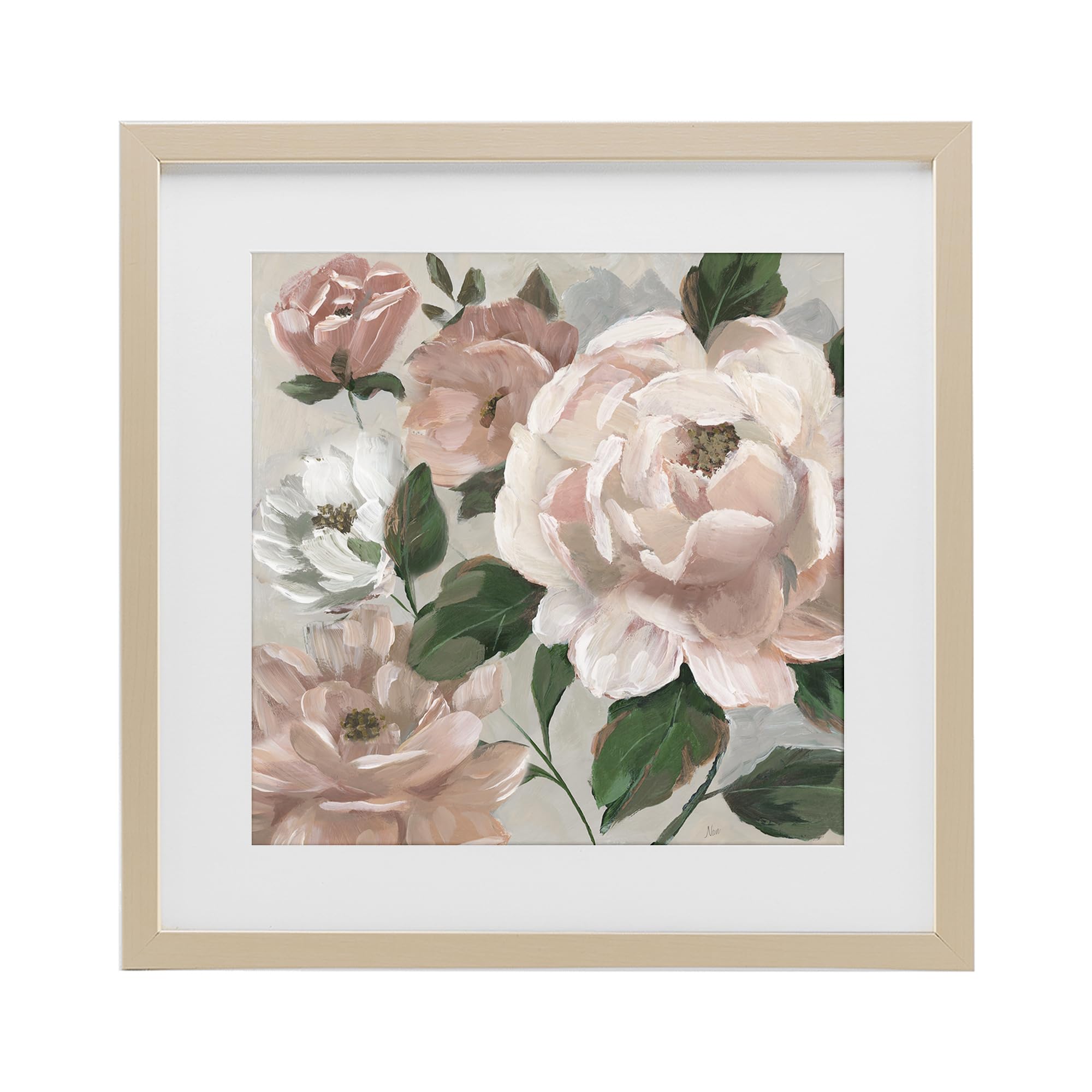 'Delicate Blush Peonies with Leaves'| Framed Print Under Glass