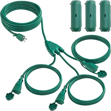 Banord Extension Cord 1 to 3 Splitter, Max 28FT End to End 40FT Total, with 3 Weatherproof Covers for Indoor and Outdoor, 16/3 SJTW Weatherproof Wire for Holiday Decoration Light, UL Listed, Green