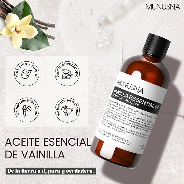 Aceite Esencial Vainilla 100ML, MUNUSNA Aceites Esenciales Naturales Puros para Humidificador Difusor, Aceite de Vainilla para Jabones de Bricolaje, Velas Aromas, Vanilla Oil - 2
