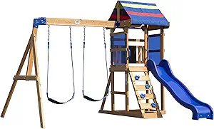 Backyard Discovery Bay Pointe All Cedar Wooden Swing Set, Large Upper Deck with Canopy, Sandbox, Rock Wall, Slide, Two Swings, Chalkboard