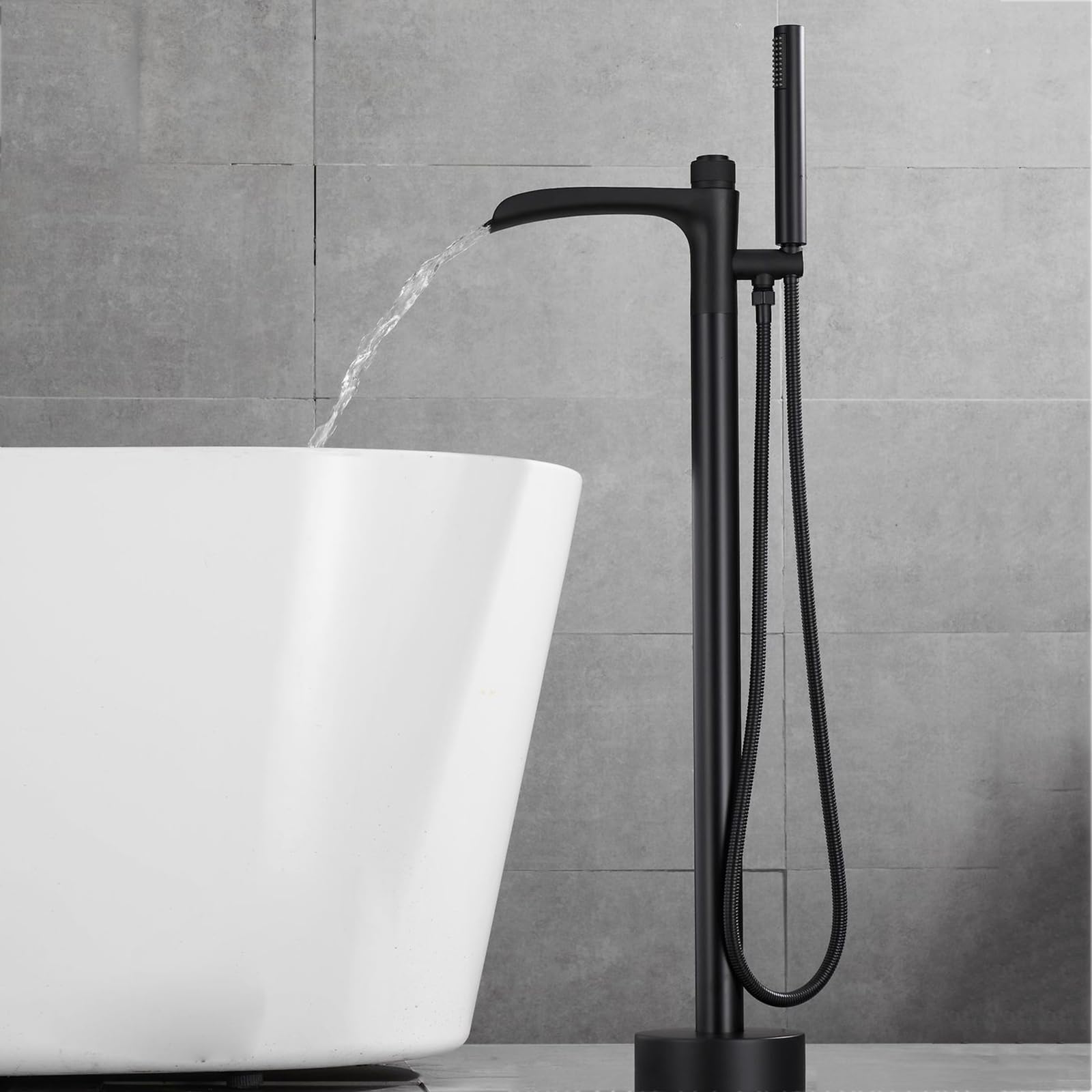 HADECOLL Floorstanding Bath Tap Hot And Cold Brass Waterfall Freestanding Bath Taps With Shower Attachment, Black