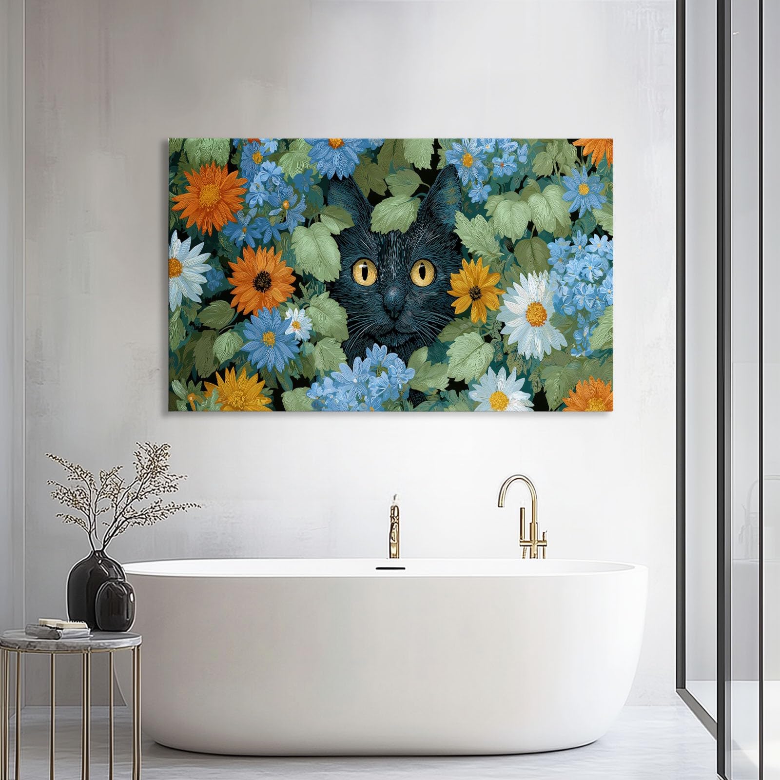 Dunkelgrün Ländlicher Tier Katze Sonnenblume Modernes Leinwandbild 90L x 60B cm mit Rahmen, Rustikal XXL Wanddeko für Wohnzimmer Geschenk Idee Einzug - Hochwertiger Kunstdruck auf Holzrahmen
