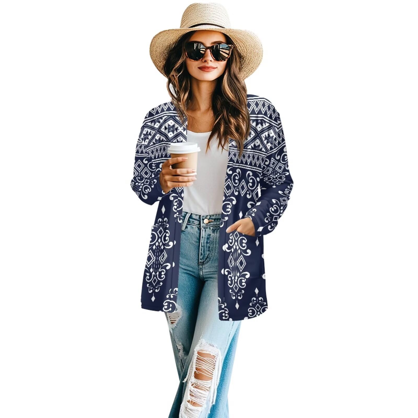 Women's Aztec Open-Front Jacket Lightweight Casual Outerwear Native Western Aztec Pattern &amp; Plaid Houndstooth Print
