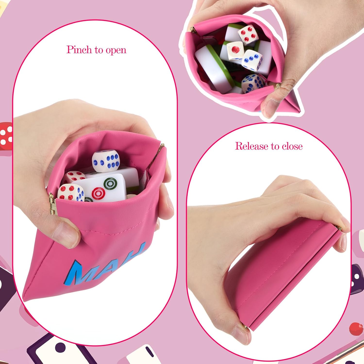 Mahjong Dice Bags 3.8 x 3.9 in PU Squeeze Mahjong Pouch Mini Dice Coin Tiles Purse for Board Game Party Travel(Pink,1 Pcs)