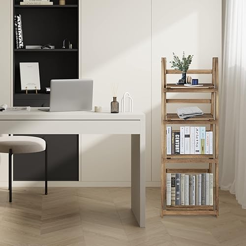 Miniatura 4 de NO MORE TAG Estante de escalera de 4 niveles, estantería de escalera de madera, estantería inclinada con espacio de almacenamiento, estante de