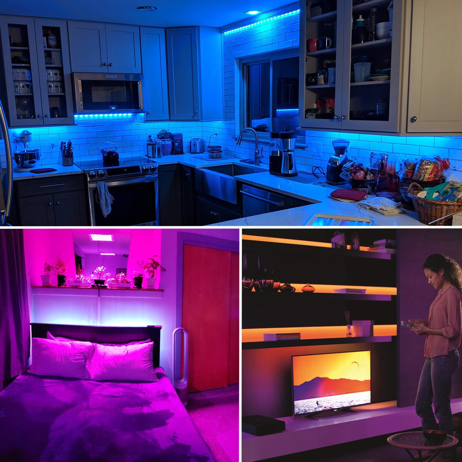 LED Rope Lights 50ft/15m RGB Dimmable Strip Lighting Kit, Flexible 450 LED, 110V, Waterproof, Male and Female connectors, Power Plug Built-in Fuse Design, Infrared Remote Control