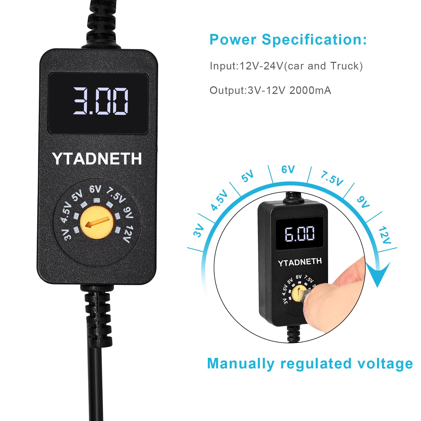 Amazon.com: Car Charger Adapter with LED Display DC 3V 4.5V 5V 6V 7.5V 9V  12V Adjustable Voltage Universal Auto Cigarette Lighter Male Plug Power  Supply Adapter Cable for Portable DVD Player Dash