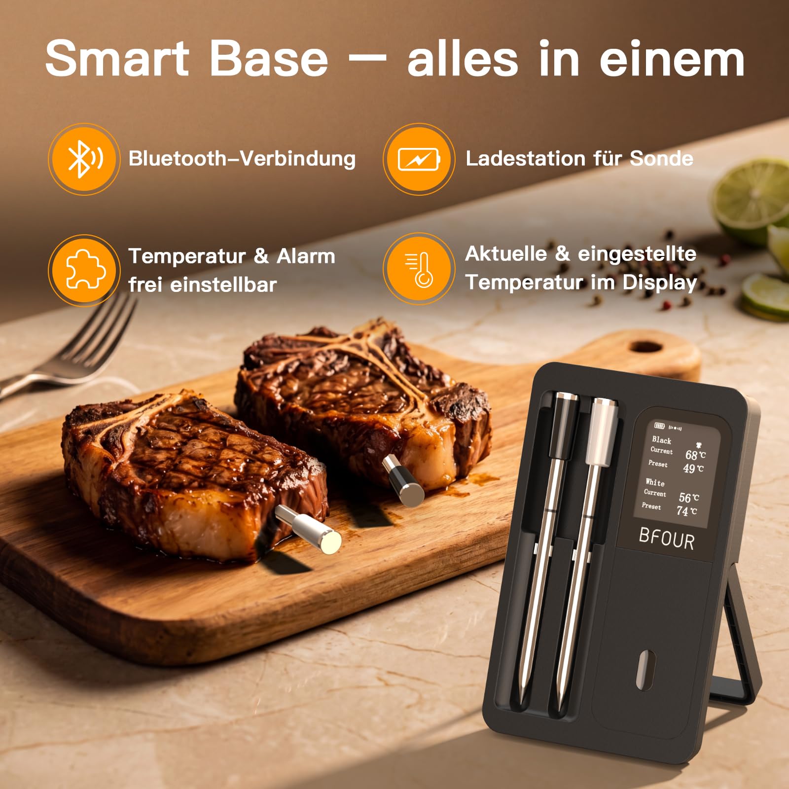 BFOUR Fleischthermometer Kabelloses mit 2 Sonden, App Alarm für Grill & Ofen