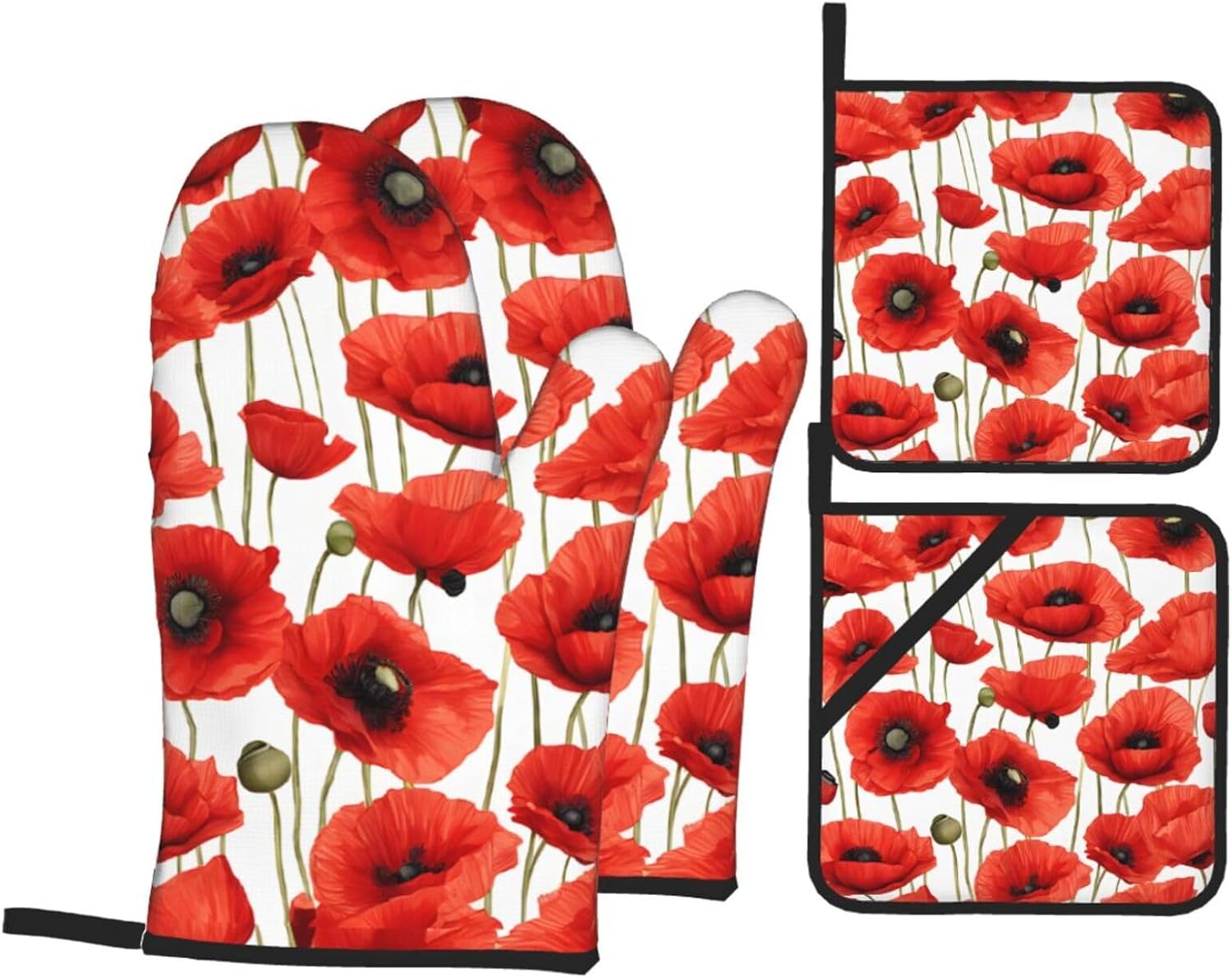 (Red Poppy Flower) Baking 4-Piece Set: 2 Oven Mitts and 2 Pot Holders Heat Resistant Waterproof Hanging Loop for Kitchen Oven Grill Housewarming Gifts