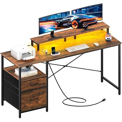Yoobure Computer Desk, Office Desk with LED Lights & Power Outlets, Gaming Desk with Fabric File Cabinet, 55.1" Home Office Desks, Writing Desk with Drawers, Computer Table with Long Monitor Stand