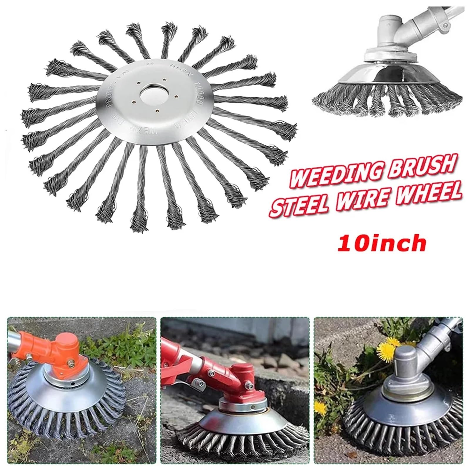 Cabezal de cepillo for desmalezar de alambre de acero de 10 pulgadas | Herramienta universal for eliminar óxido compatible con desbrozadoras y cortacéspedes.