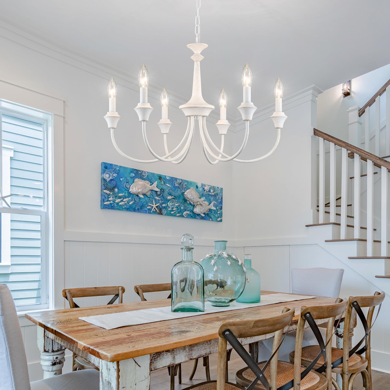 Distressed White Farmhouse Chandelier 6 Light Rustic French Country Chandelier for Dining Room Pendant Light Fixtures Hanging Antique Candle Ceiling Light for Living Room Bedroom Foyer Entryway