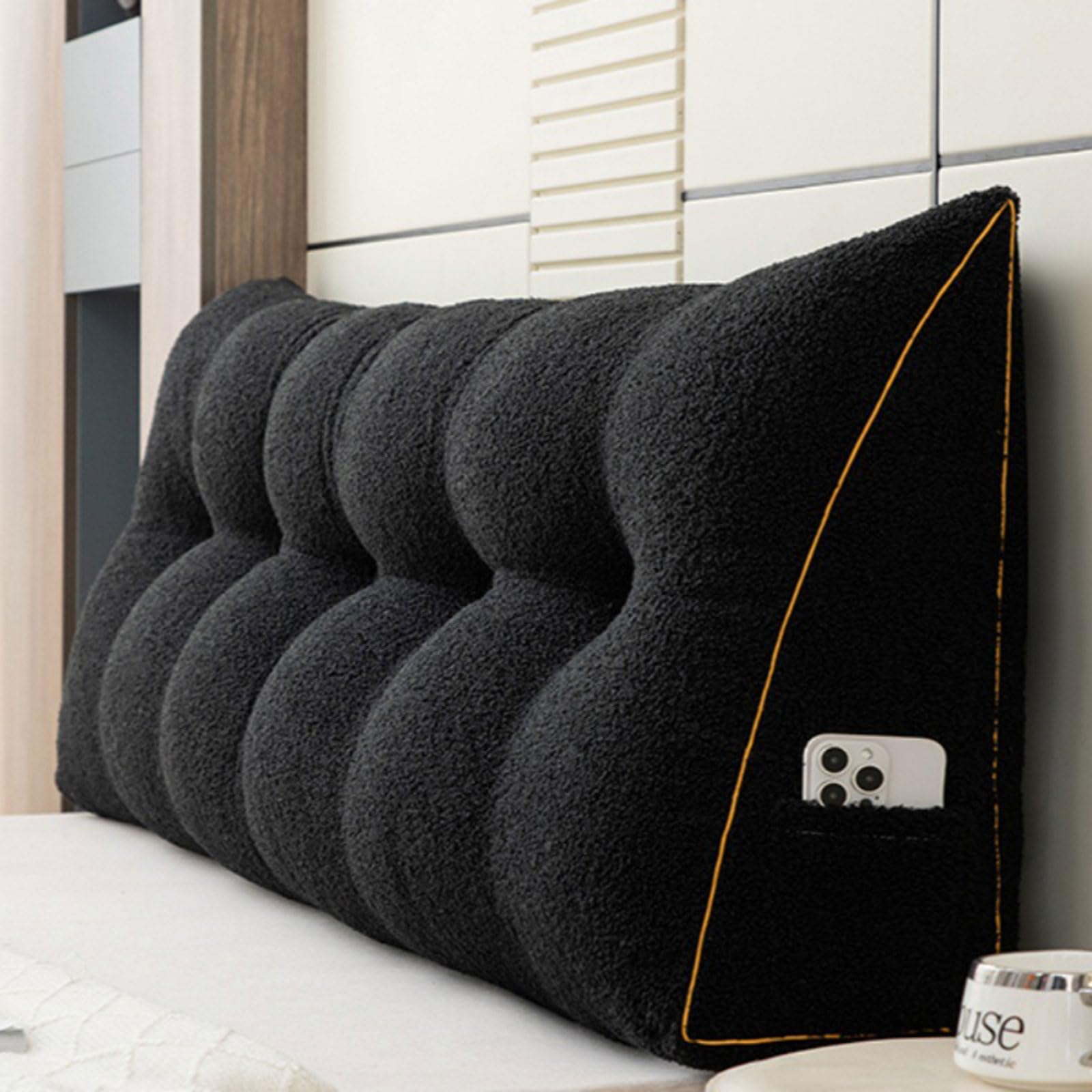 Cxlt Black Large Headboard Wedge Pillows Teddy Velvet, Double Single Queen King Size Bed Reading Cushion Bed-Backrest Positioning Support, Triangular Headboard Pillow With Removable Cover(150X50x20cm,)