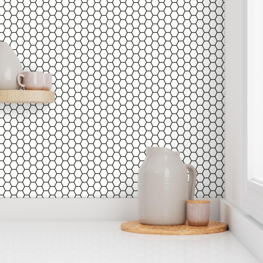 Peel & Stick Wallpaper 3ft x 2ft - Tile Hexagon Geometric Honeycomb Kitchen Simple Black Custom Removable Wallpaper by Spoonflower