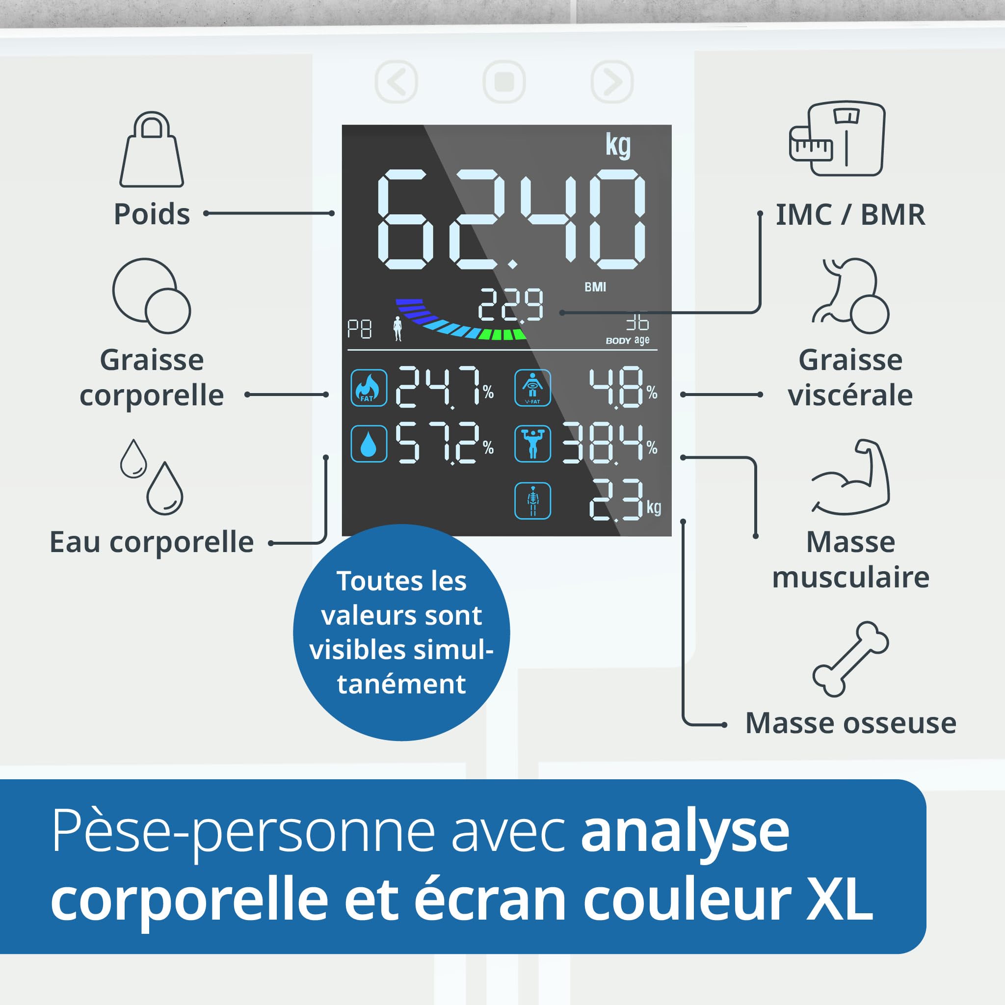 ADE Balance pese personnes impedancemetre | balance numerique avec grand écran couleur | toutes les valeurs en un coup d'œil | pèse personne masse graisseuse et muscle jusqu'à 200 kg | blanc