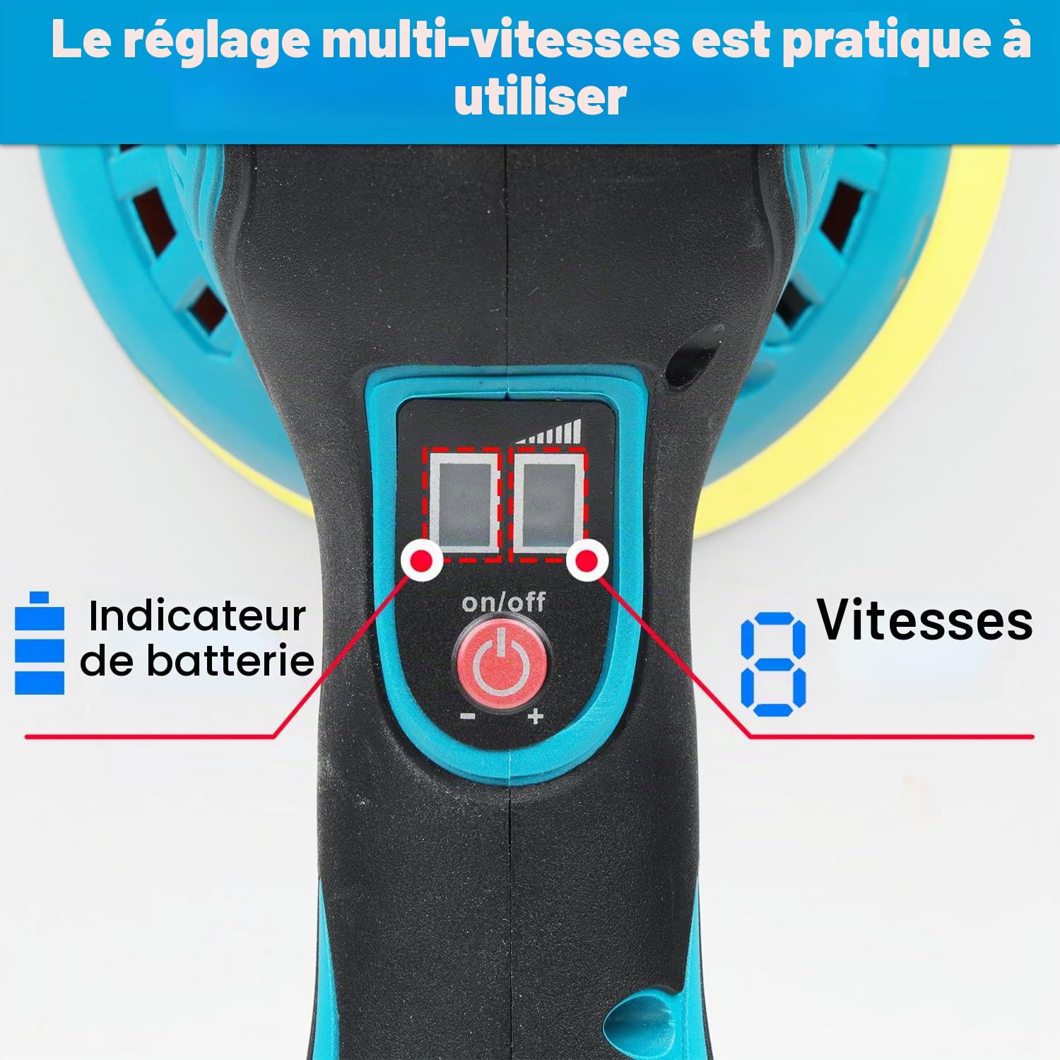 HERZO Polisseuse sans fil 150 mm, tampon et polisseur de voiture, 6 vitesses variables, kit de polissage de voiture, 2 batteries 21 V 1,5 Ah, polisseuse sans fil pour l'entretien de la voiture, le
