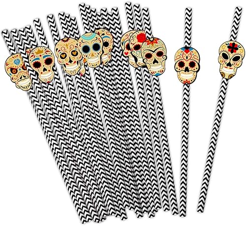 24 popotes de papel del Día de los Muertos para suministros de fiesta del Día de los Muertos mexicanos, pajitas con patrón de calavera de azúcar,