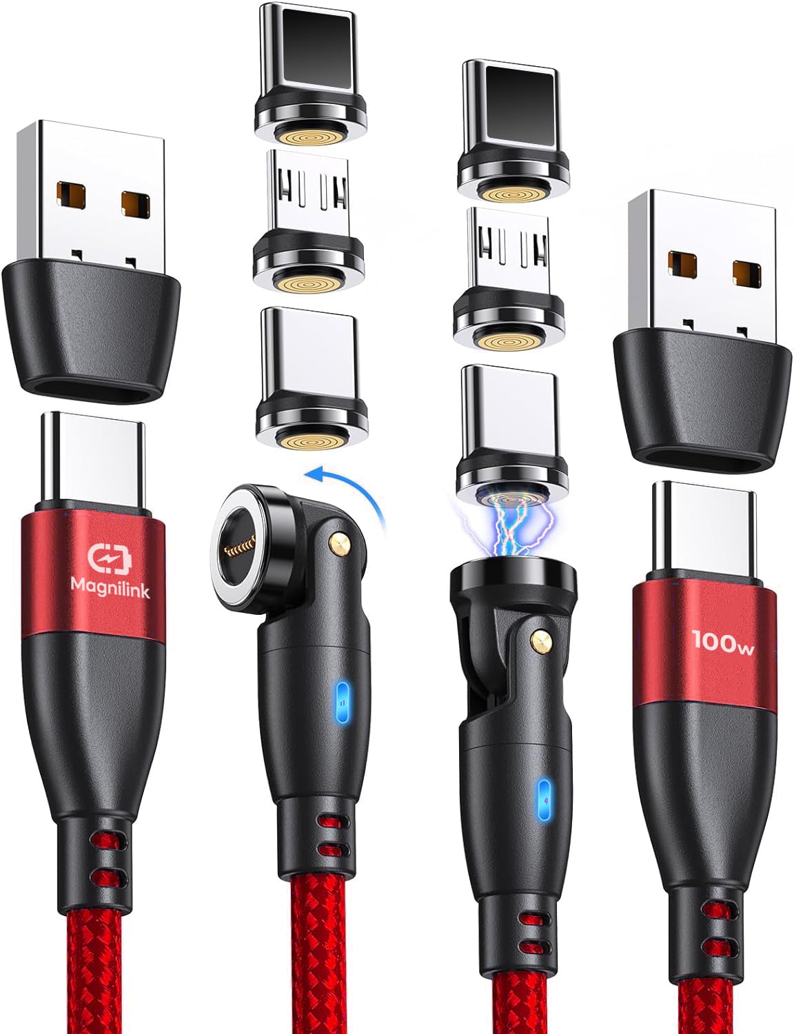 Magnilink 360 PRO 100W Magnetic USB C Phone Charger (Pack of 2) - 6 in 1 Magnet Charging Cable Fast Charging & Data - Works with i-Products, Type-C