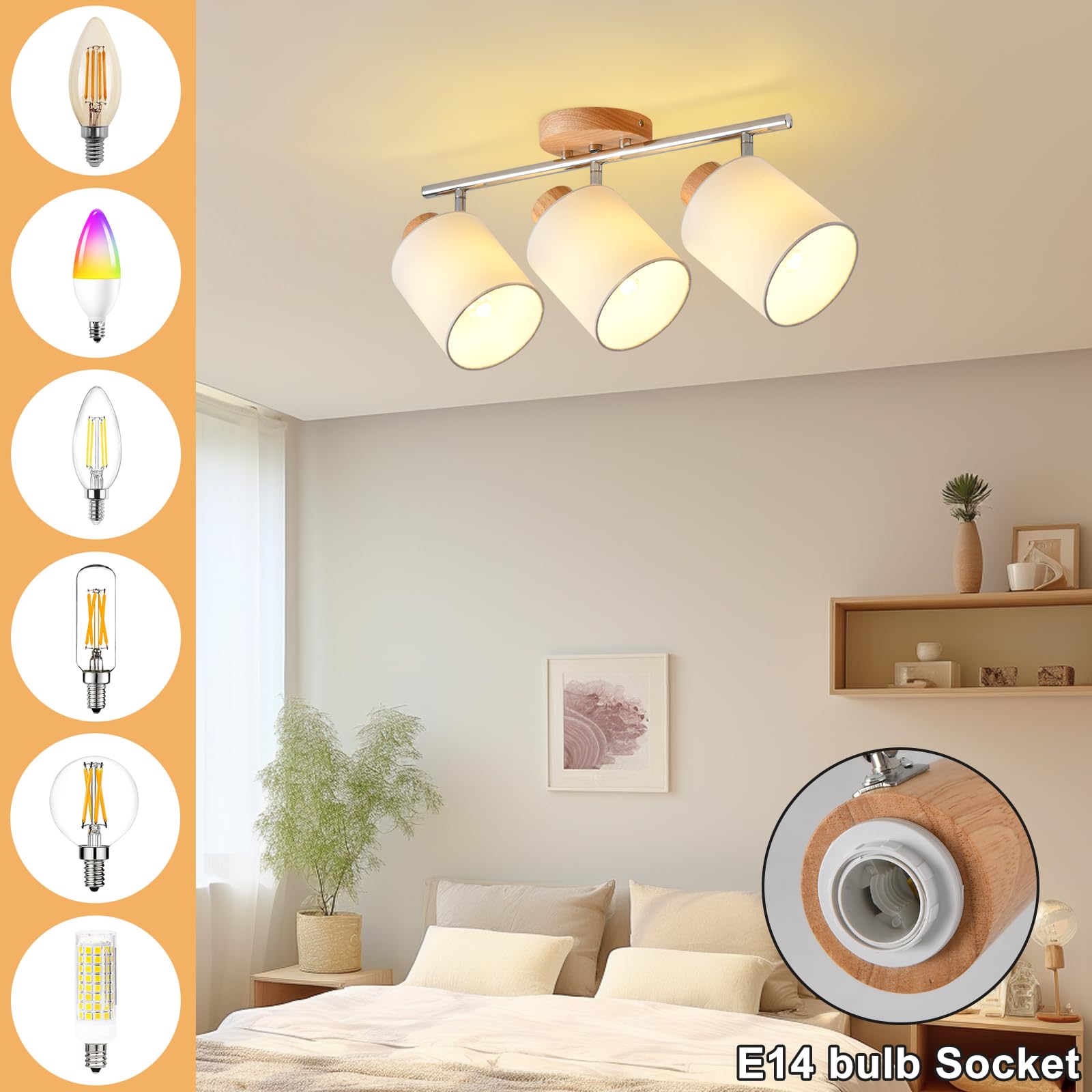 SANSHI faretti led soffitto in 3 punt,lampadario legno regolabile, Base E14 230V moderna Luce a parete,faretti soffitto per interni soggiorno, camera da letto, sala da pranzo (senza lampadine)
