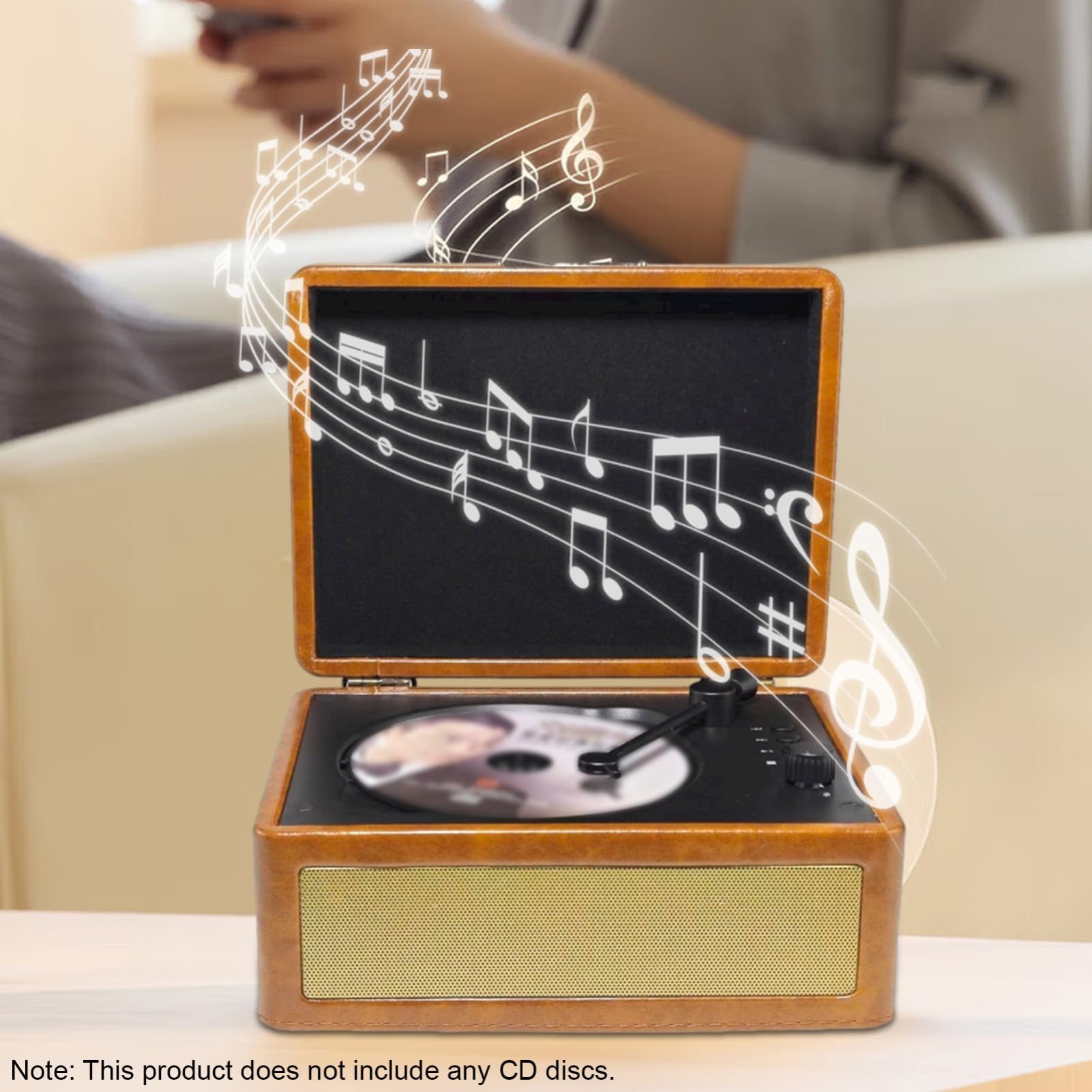 Gramofon CD, Wielofunkcyjna Tacka, Odtwarzacz Płyt BT 5.0, Odtwarzanie z Napędu USB, Pilot na podczerwień, 2 Wbudowane Głośniki, Bezprzewodowe Przesyłanie Muzyki (Khaki)