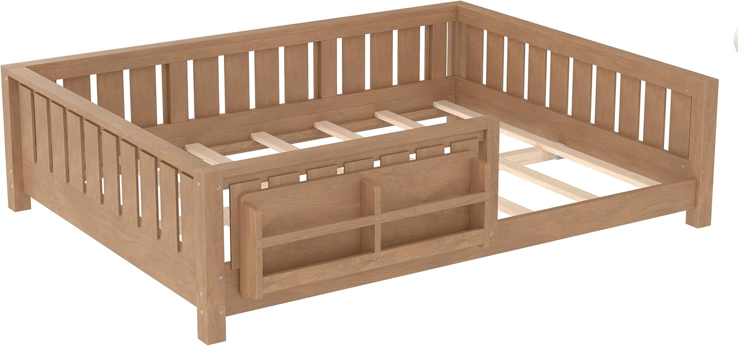 Bellemave Full Size Floor Bed with high Rails and with Built-in Bookshelf for Kids, Girls, Boys, Wood Montessori Floor Bed Without Door, Natural