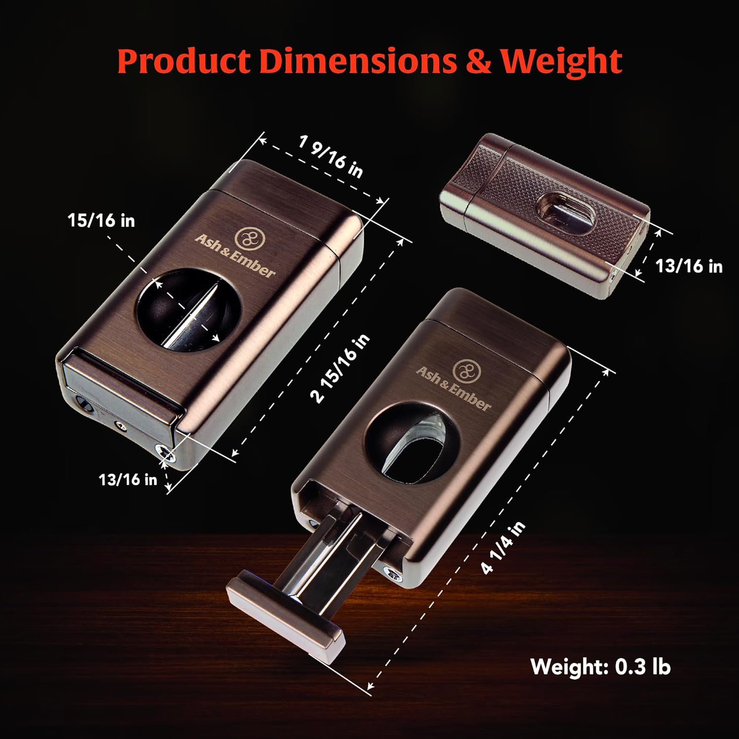 “Empire“ Cigar Lighter with V-Cutter & Cigar Rest – Triple Jet Cigar Lighter Butane Refillable, Windproof, Gunmetal Finish, Adjustable Flame, Visible Fuel Window, Gift for Men – Ash & Ember