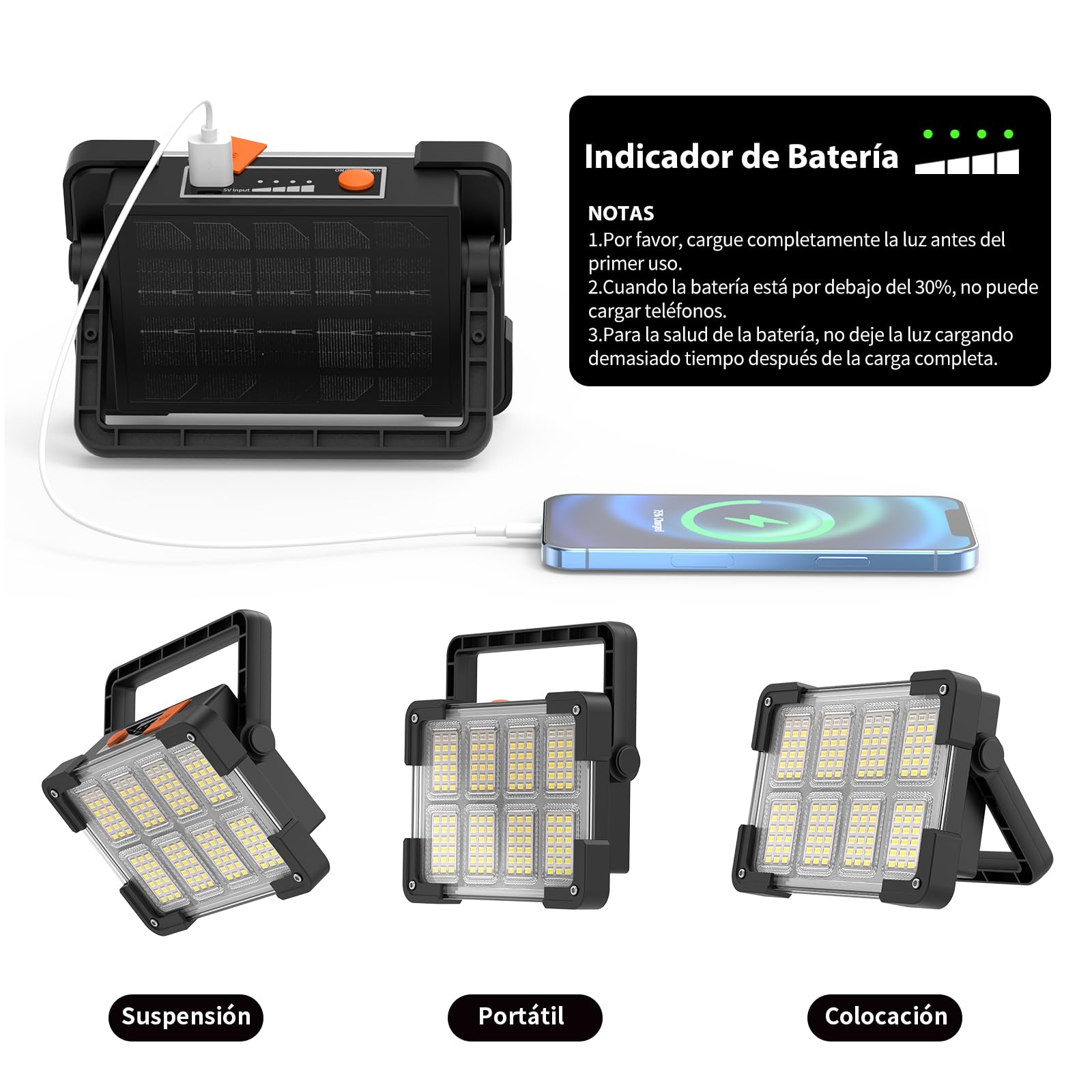 OHAYORI Foco LED Recargable, Luz de Trabajo Portátil USB de 4 Modos, 6000 mAh Banco de Energía, Luz de Trabajo LED Solar Impermeable para Exteriores para Acampar, Jardín, Pesca, Garaje, Emergencia
