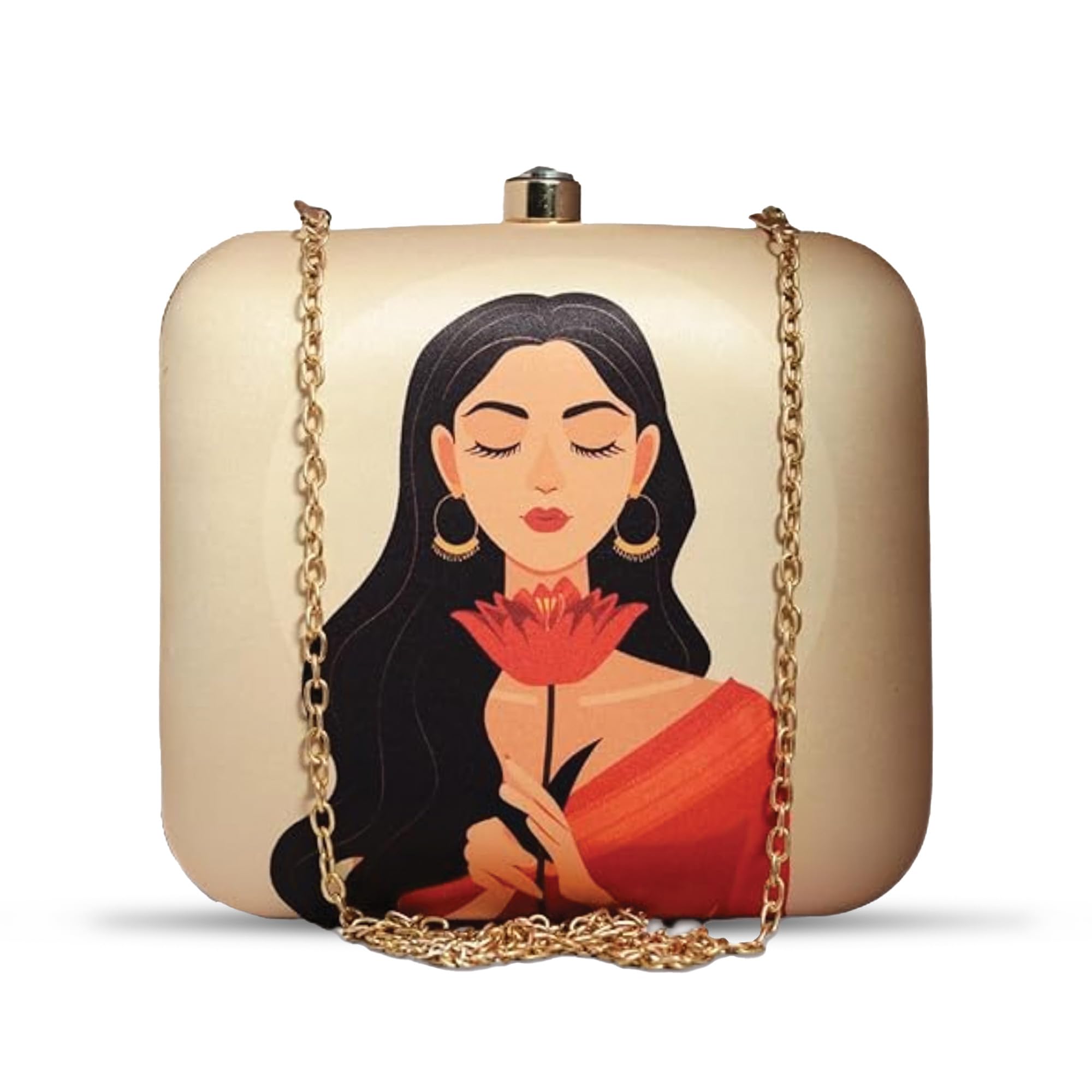 Beige Based Red Flower Portrait of Indian Women in Red Saree Printed Clutch Bag for Women with Detachable Strap-image-18