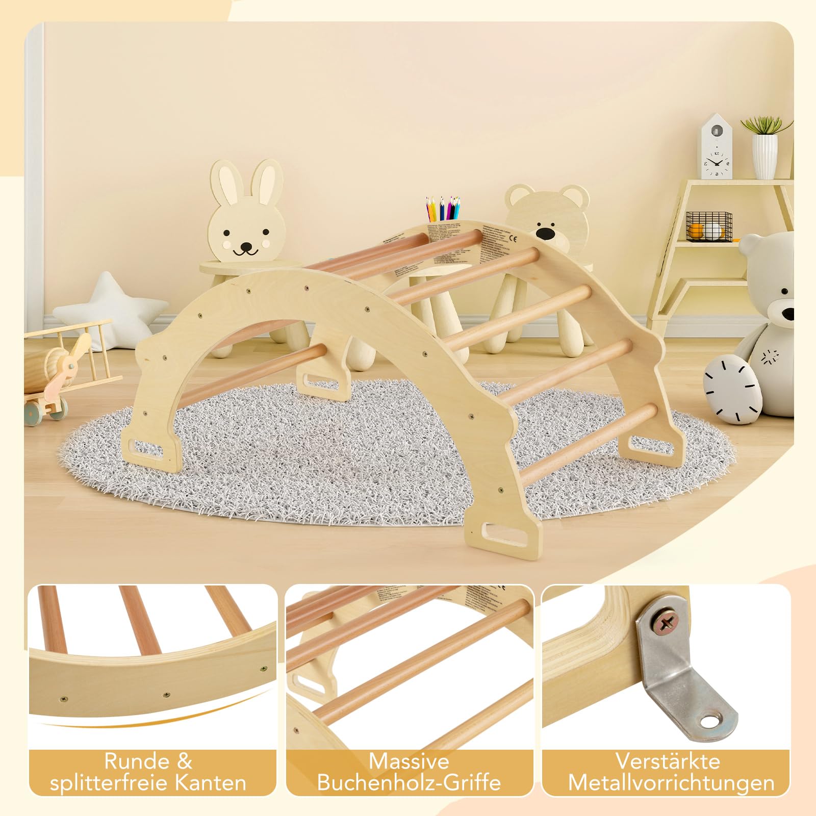 DREAMADE 2 in 1 Kletterbogen mit Kissen, Bogenwippe aus Holz, Holzwippe zum Klettern, Klettergerüst Indoor Kletterdreieck für Kinder ab 3 Jahren (Natur)