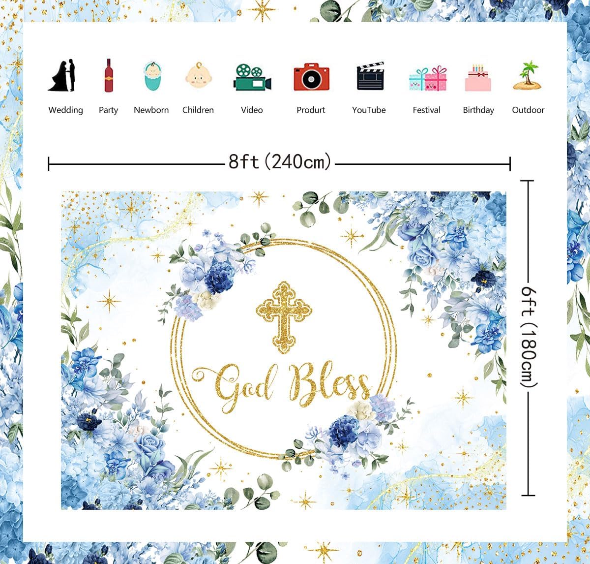 God Bless Backdrop for Boy First Holy Communion Baptism Background Blue Floral Glitter Christening Party Decorations Banner Newborn Baby Shower Photography Banner (8x6FT: 96x72 inch)